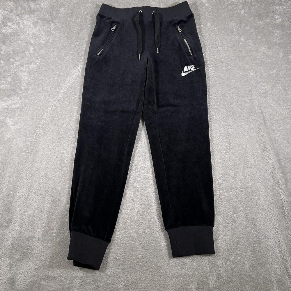 Nike Sportswear‎ Joggers Womens Small Black Velour 25" Drawstring Zipper Pockets